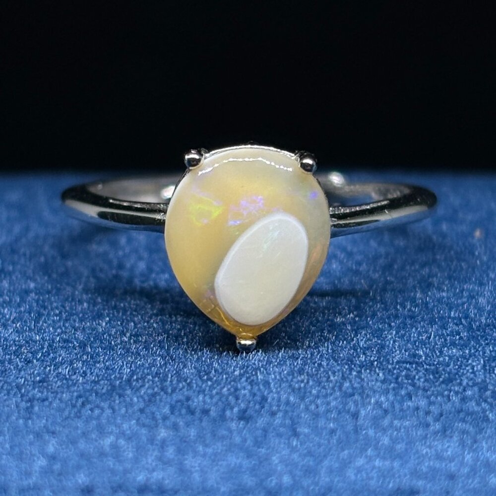 Color Blotch Teardrop Mexican Fire Opal Ring With Stunning Natural Colors